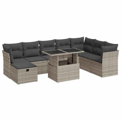 9-delige Loungeset met kussens poly rattan lichtgrijs