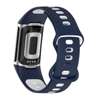 FitBit Charge 5 & 6 Sportbandje met dubbele lus - Donkerblauw / wit - Tweekleurig - Maat: L FitBit Charge 5 & 6 Sportbandje met dubbele lus - Donkerblauw / wit - Tweekleurig - Maat: L