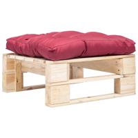 Tuinpoef met rood kussen pallet hout naturel - thumbnail
