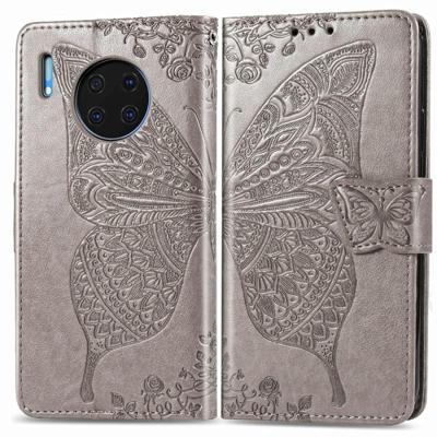 Voor Huawei mate 30 Pro Butterfly Love Flower reliëf horizontale Flip lederen draagtas met beugel/kaartsleuf/portemonnee/Lanyard (grijs)