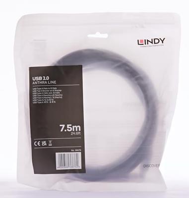 LINDY 36676 USB-kabel USB 2.0 USB-A stekker, USB-B stekker 7.50 m Zwart