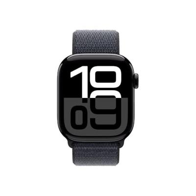 Apple Watch Series 10 (GPS + Cellular 42 mm) Smartwatch - Kast van gitzwart aluminium - Inkt geweven sportbandje. Conditie bijhouden, Ecg-app, always on Retina-display, CO₂-neutraal