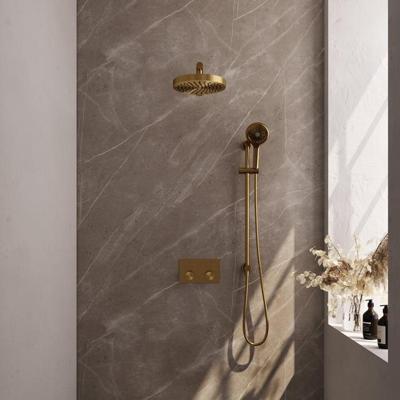 Brauer Stripe thermostatische inbouw regendouche met drukknoppen SET 34 met 25 cm douchekop en rechte muurarm en 3-standen handdouche en doucheslang en geintegreerde glijstang goud geborsteld PVD