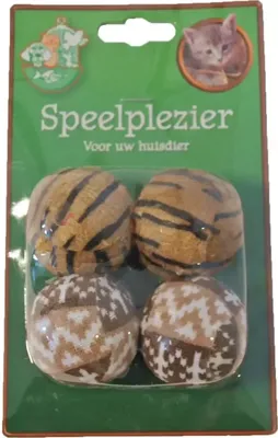 Kattenspeelgoed blister à 4 pluche rammelbal, bruin.