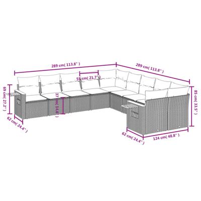 10-delige Loungeset met kussens poly rattan zwart - thumbnail