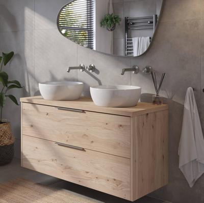 Saqu Lima badmeubel incl. keramische waskommen 120x51x76cm naturel eiken - rvs greep