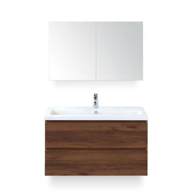 Vogue Badmeubelset 100 cm - Greeplijst in kleur - Walnoot - Keramische Wastafel Wit 1 kraangat - met Spiegelkast