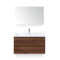 Vogue Badmeubelset 100 cm - Greeplijst in kleur - Walnoot - Keramische Wastafel Wit 1 kraangat - met Spiegelkast - thumbnail