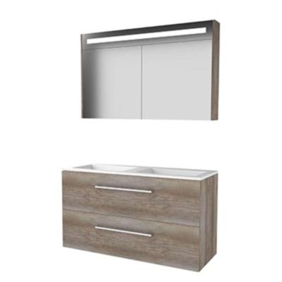Basic-Line Premium 46 Badkamermeubelset - 120 x 46 cm - Met Grepen - 2 Lades - Acryl Wastafel - Zonder Kraangat - Spiegelkast met LED Verlichting - Scotch Oak