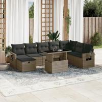 9-delige Loungeset met kussens poly rattan grijs - thumbnail