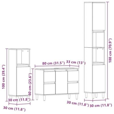 Badkamermeubelset 3 pcs Zwart 30 x 30 x 180 cm Bewerkt hout