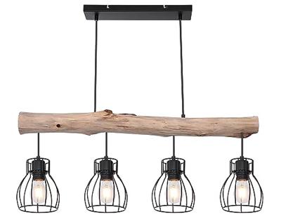 Globo Landelijke hanglampMina zwart met hout 4-lichts - 15326-4N
