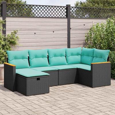6-delige Loungeset met kussens poly rattan zwart