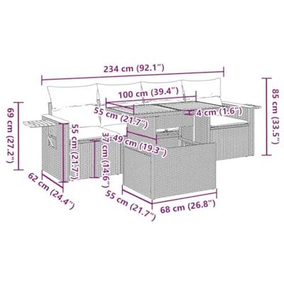 5-delige Loungeset met kussens poly rattan acacia grijs