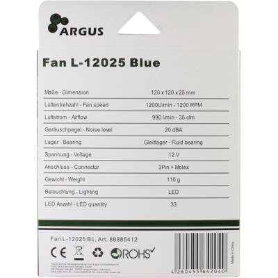 Inter-Tech L12025 PC-ventilator Blauw (b x h x d) 120 x 120 x 25 mm