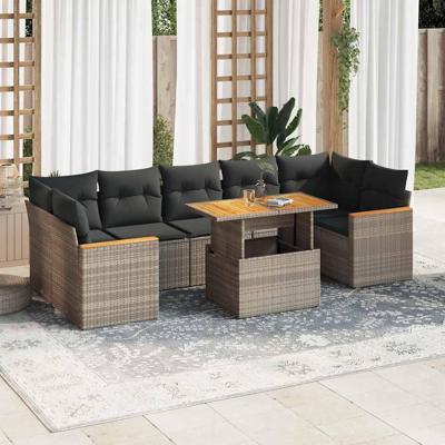 8-delige Loungeset met kussens poly rattan acacia grijs