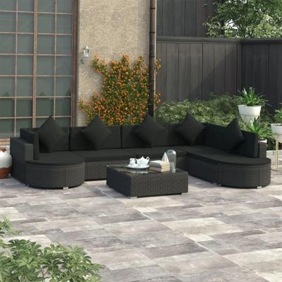 8-delige Loungeset met kussens poly rattan zwart