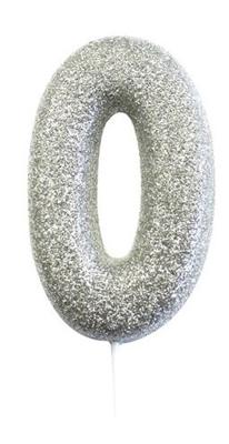 Nummerkaars &apos;0&apos; Glitter Zilver