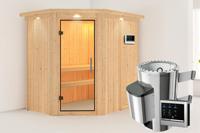 Karibu | Saja Sauna met Dakkraag | Helderglas Deur | Biokachel 3,6 kW Externe Bediening - thumbnail