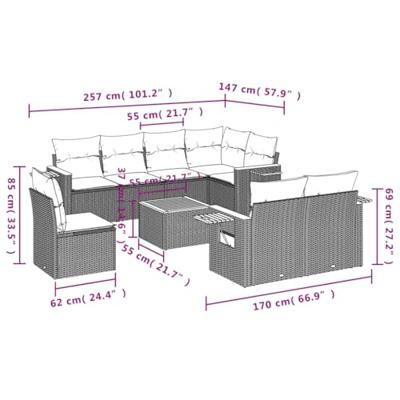 9-delige Loungeset met kussens poly rattan grijs