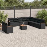12-delige Loungeset met kussens poly rattan zwart - thumbnail