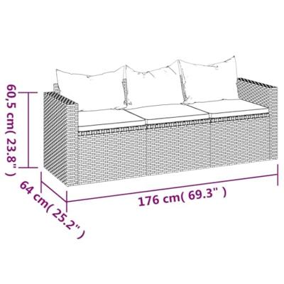 Tuinbank 3-zits met kussens poly rattan zwart