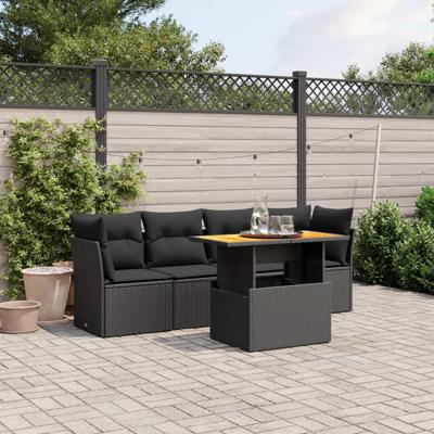 5-delige Loungeset met kussens poly rattan zwart
