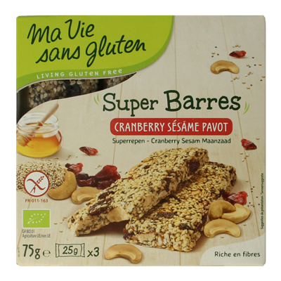 Super repen sesam & cranberry glutenvrij bio 75 Gram Super repen sesam & cranberry glutenvrij bio 75 Gram