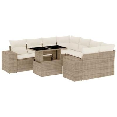 9-delige Loungeset met kussens poly rattan beige