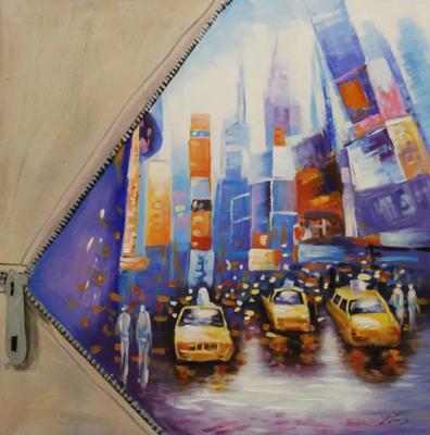 Schilderij - Handgeschilderd - Gele taxi abstract, NYC, 100x100cm