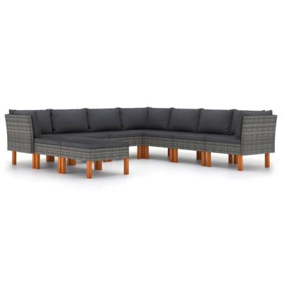 9-delige Loungeset met kussens poly rattan grijs
