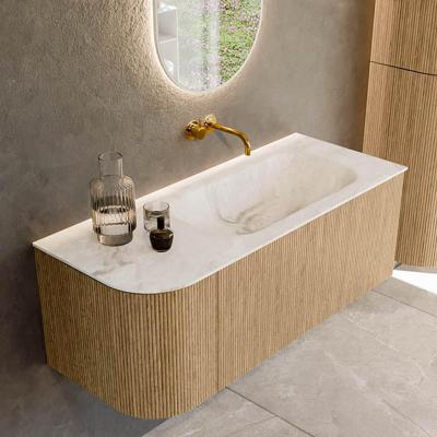 Mondiaz KURVE-DLUX 115 cm Onderkast Greeploos 1 Lade Met Deuren Oak, Wastafel Solid Surface Rechts Frappe 0 Kraangaten Zonder Spiegel (KRVBGS115L1L1D0KR-Oak/Fra)