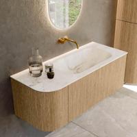 Mondiaz KURVE-DLUX 115 cm Onderkast Greeploos 1 Lade Met Deuren Oak, Wastafel Solid Surface Rechts Frappe 0 Kraangaten Zonder Spiegel (KRVBGS115L1L1D0KR-Oak/Fra) - thumbnail