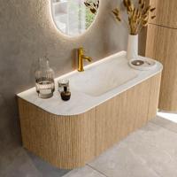 Mondiaz KURVE-DLUX 110 cm Onderkast Greeploos 1 Lade Met Deuren Oak, Wastafel Solid Surface Midden Opalo 1 Kraangat Zonder Spiegel (KRVCLO110L+R1L2D1KM-Oak/Opa) - thumbnail