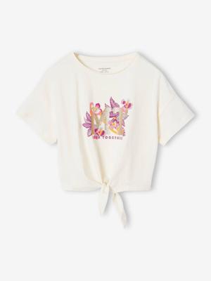 Kort sportief meisjesshirt met sierstrik ecru