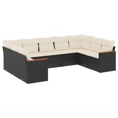 9-delige Loungeset met kussens poly rattan zwart