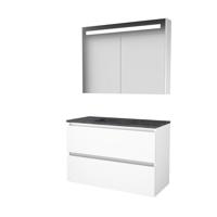 Basic-Line Premium 46 Badkamermeubelset - 100 x 46 cm - Greeploos - 2 Lades - Hardstenen Wastafel - 1 Kraangat - Spiegelkast met LED Verlichting - Ice White - thumbnail