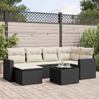 7-delige Loungeset met kussens poly rattan zwart
