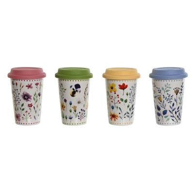 Kop met deksel DKD Home Decor Multicolour Blommor 400 ml (4 Stuks)