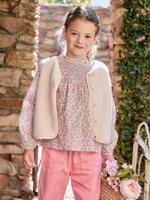 Mouwloos meisjesvestje van sherpa met luipaardprint ecru - thumbnail