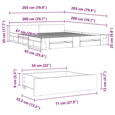 Bedframe met lades bewerkt hout betongrijs 200x200 cm
