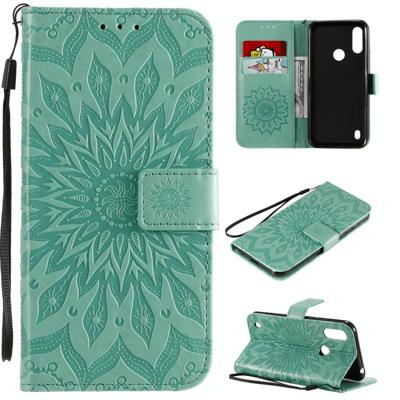 Voor Motorola Moto E6s (2020) Geperst Afdrukken Zonnebloempatroon Horizontaal Flip PU Lederen Kast Houder & Kaartslots & Wallet & Lanyard(Groen)