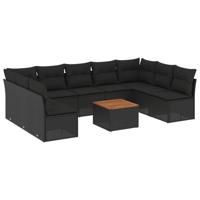10-delige Loungeset met kussens poly rattan zwart - thumbnail