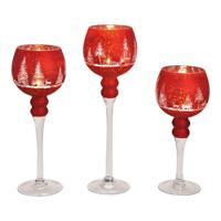 Windlichtset kelk, winterbosdecor rood, 30, 35, 40 cm x Ø13 cm van glas, set van 3 - thumbnail