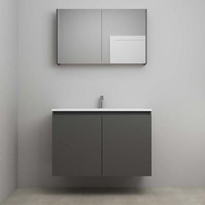 On-Line Badkamermeubelset - 100 cm - Voorgemonteerd - Greeploos 2 Deuren - Acryl Wastafel - 1 Kraangat - Spiegelkast - Mat Antraciet
