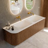 Mondiaz KURVE 145 cm Onderkast Greeploos 1 Lade Met Deuren Walnut, Wastafel Solid Surface Rechts Talc 0 Kraangaten Zonder Spiegel (KRVCLO145L1L1D0KD-Wal/Tal) - thumbnail