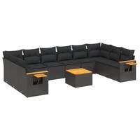 11-delige Loungeset met kussens poly rattan zwart - thumbnail