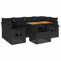 7-delige Loungeset met kussens poly rattan zwart - thumbnail