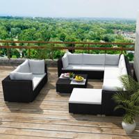 10-delige Loungeset met kussens poly rattan zwart - thumbnail