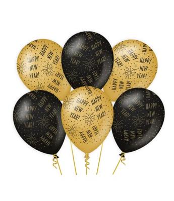 Classy Ballonnen Happy New Year Zwart/Goud (6st) - thumbnail